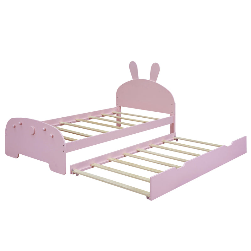 Wood Twin Size Platform Bed with Cartoon Ears Shaped Headboard and Trundle, Pink