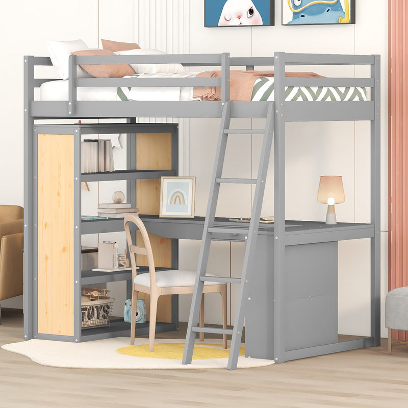 Twin Size Loft Bed with Ladder, Shelves, and Desk, Gray(LT000225AAE)