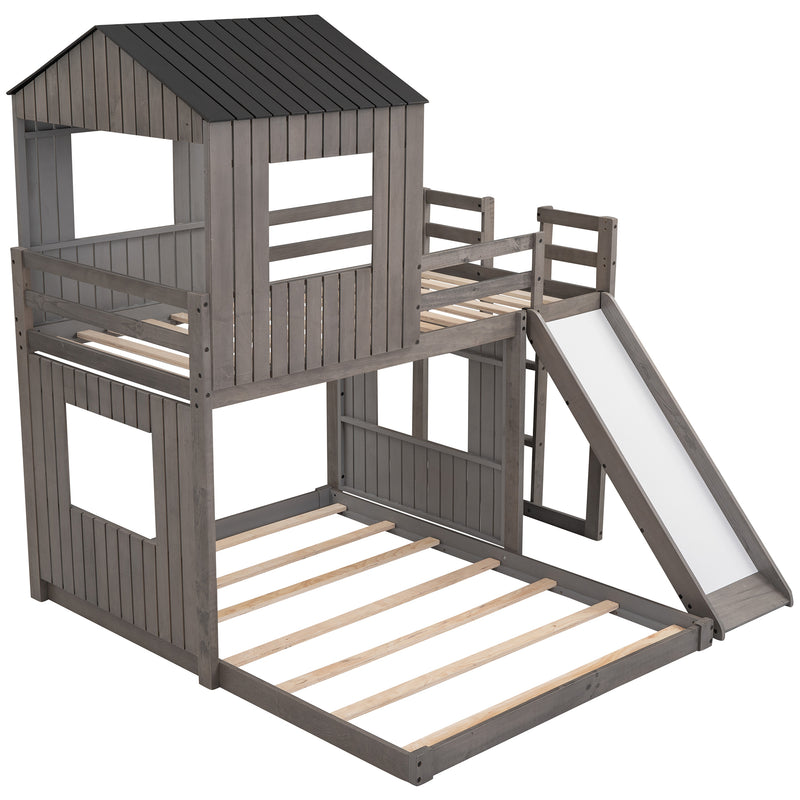 Wooden Twin Over Full Bunk Bed, Loft Bed with Playhouse, Farmhouse, Ladder, Slide and Guardrails, Antique Gray(OLD SKU :LT000028AAE)