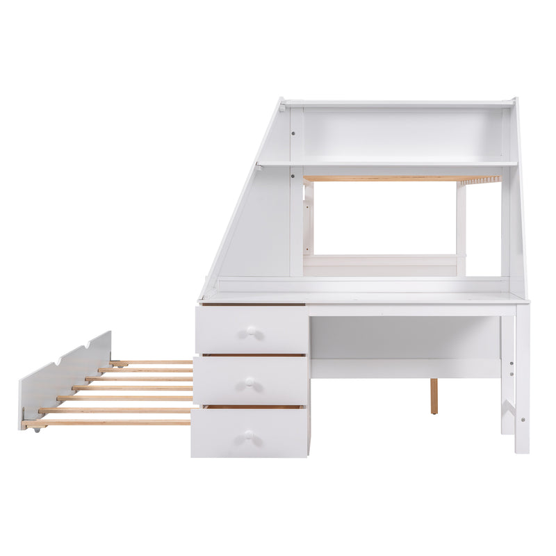 Twin over Full Bunk Bed with Trundle and Built-in Desk, Three Storage Drawers and Shelf,White