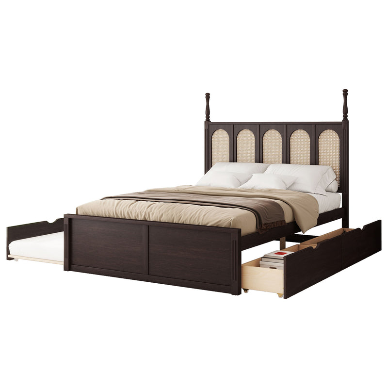 Rattan Platform Bed With With 2 Big Drawers With Trundle