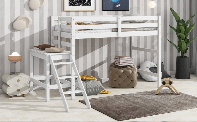 Twin Loft Bed with Platform, ladder,White