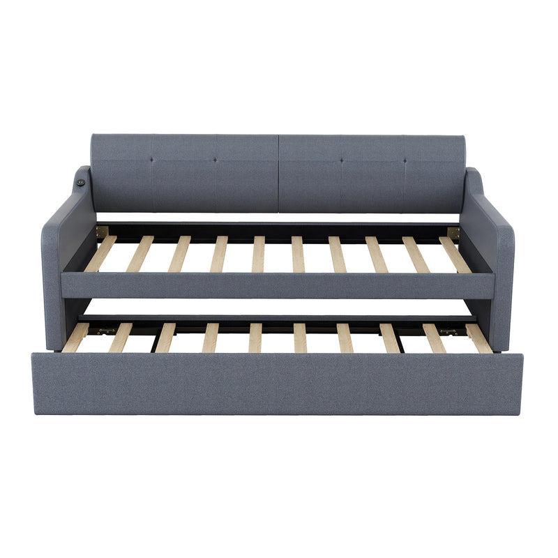 Twin Size Upholstery DayBed with Trundle and USB Charging Design,Trundle can be flat or erected,Gray