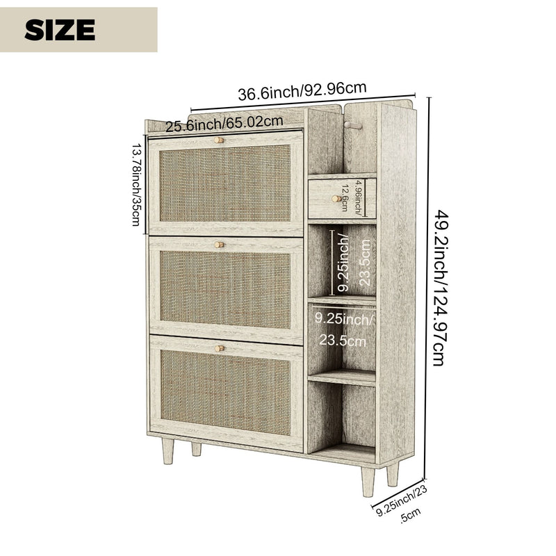 Natural Bohemia Style Shoe Cabinet, Shoe Rack Cabinet With 3 Rattan Flip Drawers, 3 Square Shelves And 1 Storage Drawer, Shoe Organizer With Mulit Storage Space And Hooks For Hallway, Entryway