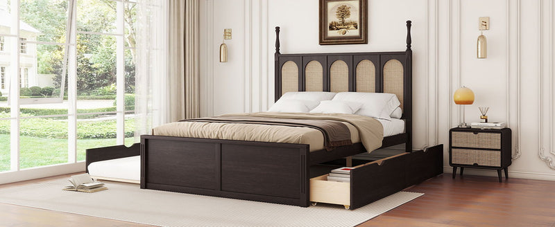 Rattan Platform Bed With With 2 Big Drawers With Trundle