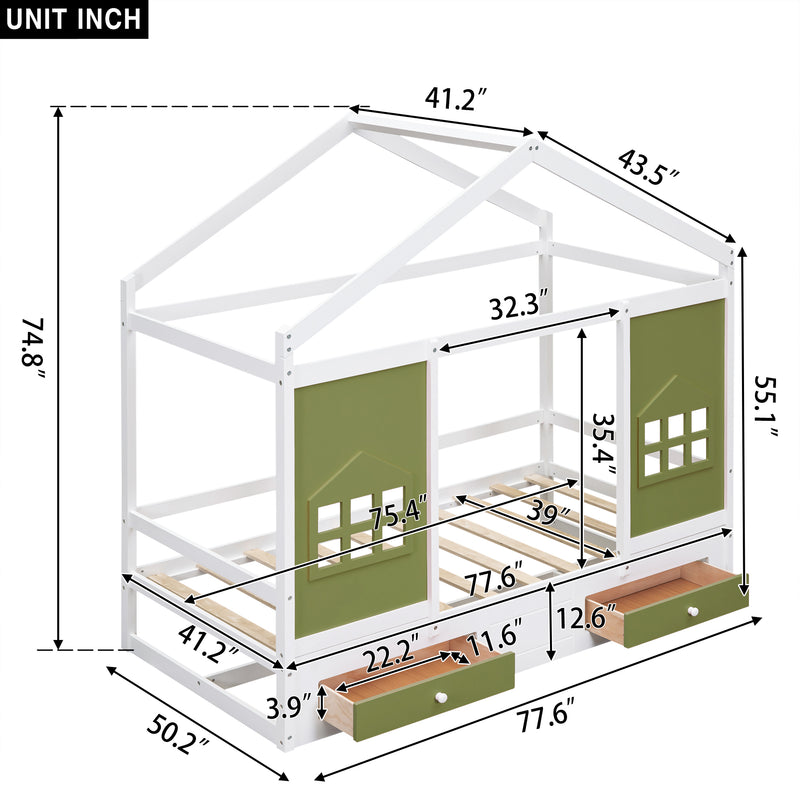 Twin Size Wood House Bed with 2 Drawers and Window Decoration, White+Olive Green