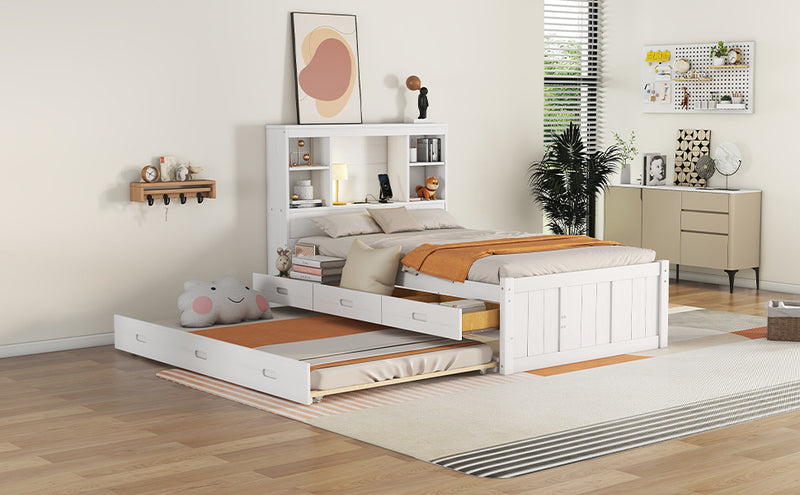 Twin Size Platform Bed with Storage Headboard, Charging Station, Twin Size Trundle and 3 Drawers, Antique White