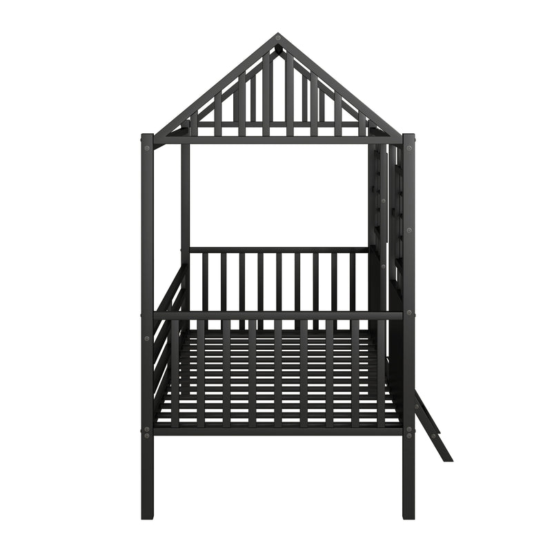 Twin Size Metal Low Loft House Bed with Roof and Two Front Windows , Black