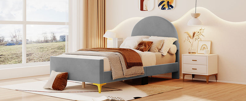 Twin Size Upholstered Platform Bed with Classic Semi-circle Shaped headboard and Mental Legs, Velvet, Gray