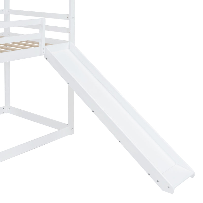 Twin Over Twin Bunk Bed with Roof, Slide and Ladder, White