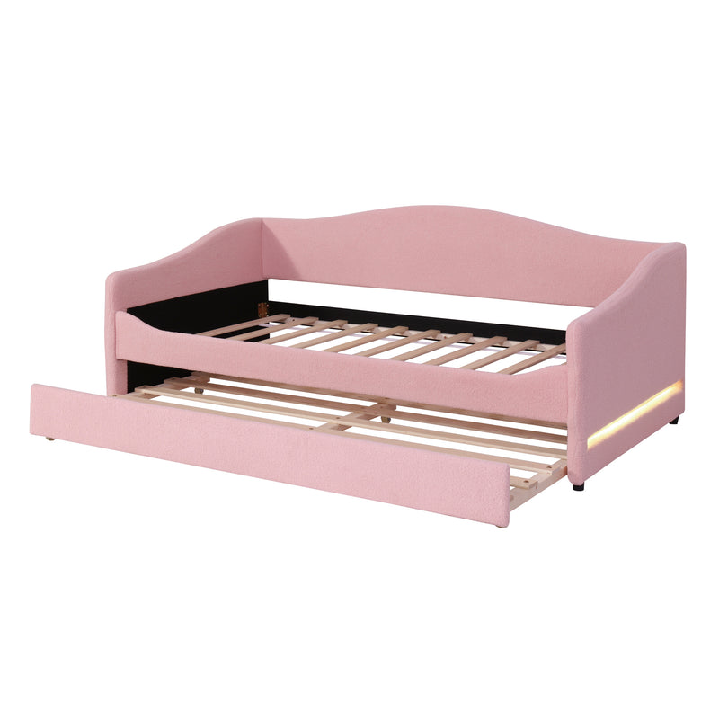 Teddy Fleece Twin Size Upholstered Daybed with Light and Trundle, Pink