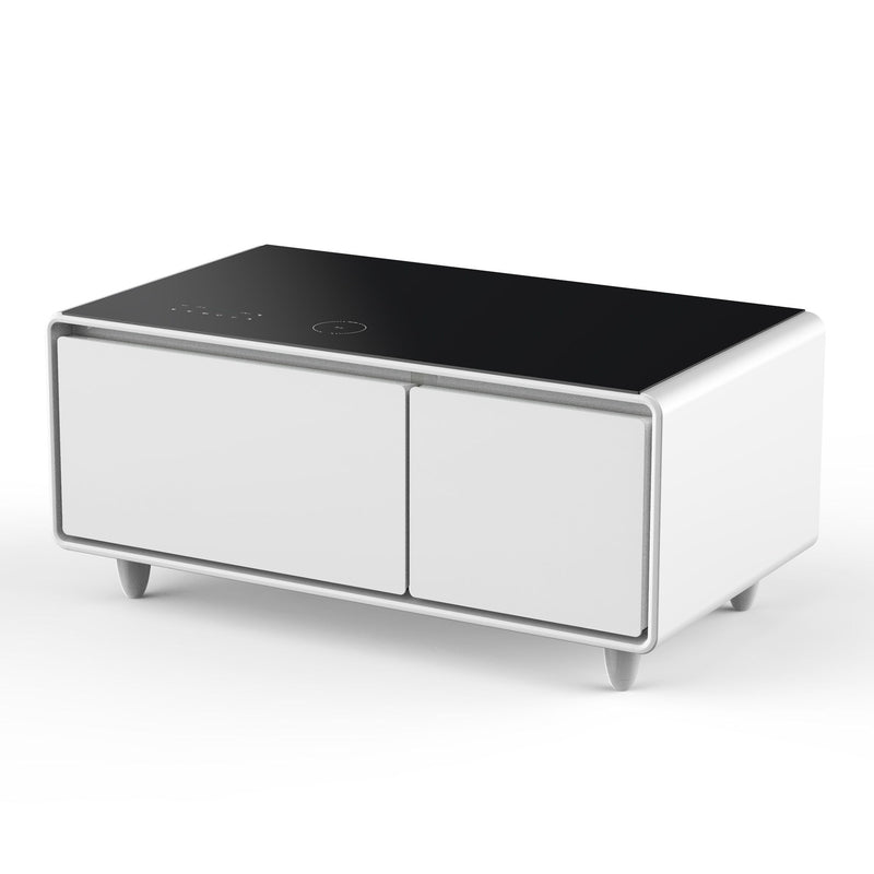 Modern Smart Coffee Table With Built-In Fridge, Bluetooth Speaker, Wireless Charging, Touch Control Panel, USB Ports, Outlet Protection, Atmosphere Light - White