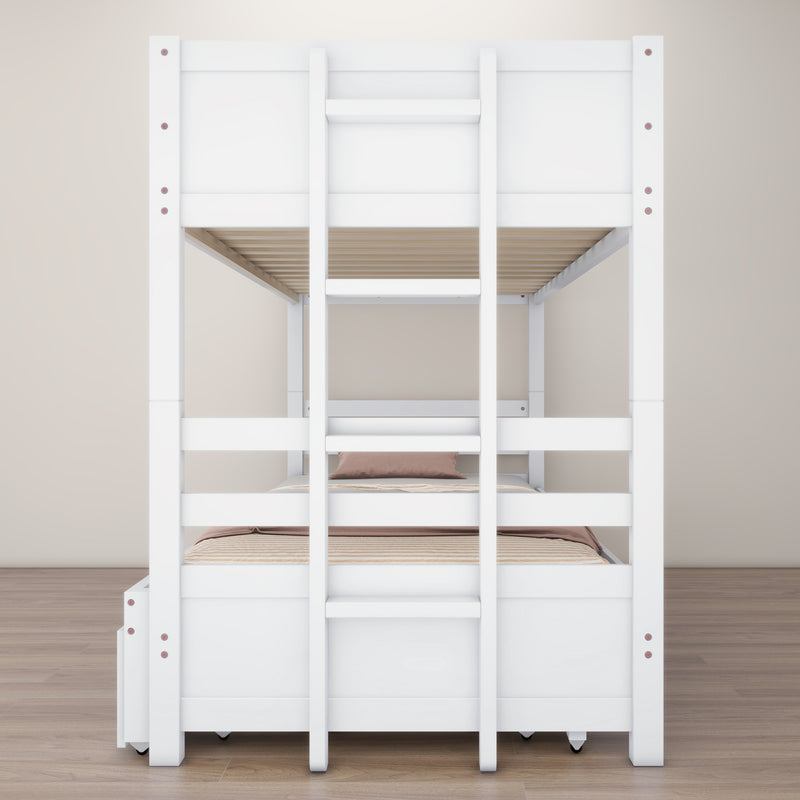 Twin over Pull-out Bunk Bed with Trundle, White