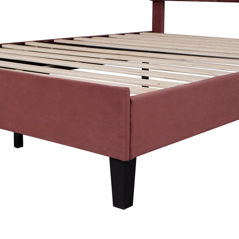 Full Size Upholstered Platform Bed With Flower Pattern Velvet Headboard - Bean Paste Red