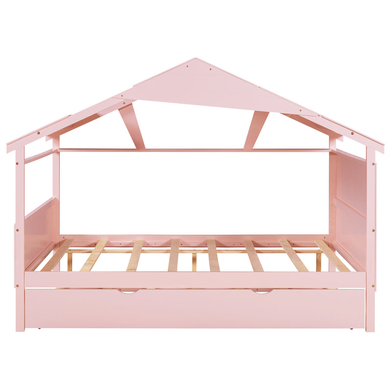 Wood Full Size House Bed with Twin Size Trundle and Storage, Pink