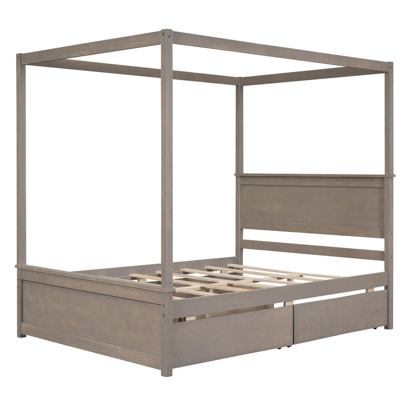 Wood Canopy Bed with four Drawers ,Full Size Canopy Platform Bed With Support Slats .No Box Spring Needed, Brushed Light Brown