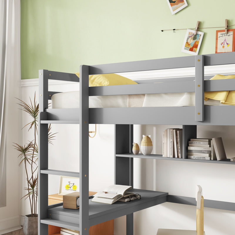 Loft Bed With Desk And Shelves, Safety Guardrail And Ladder