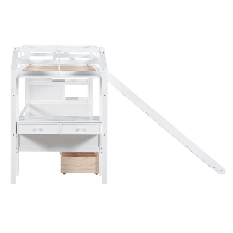 Twin over Twin Bunk Bed with Storage Staircase, Slide and Drawers, Desk with Drawers and Shelves, White