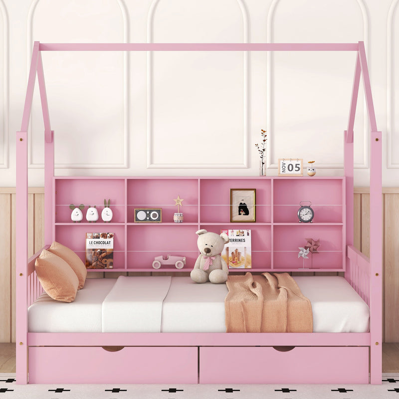 Wooden Full Size House Bed with 2 Drawers,Kids Bed with Storage Shelf, Pink