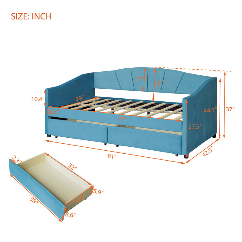 Twin Size Upholstered Daybed With Two Drawers And Wood Slat - Blue