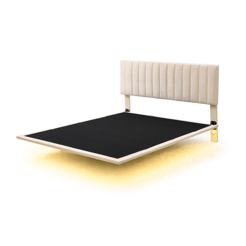 Queen Size Upholstered Bed With Sensor Light And Headboard, Floating Velvet Platform Bed - Beige