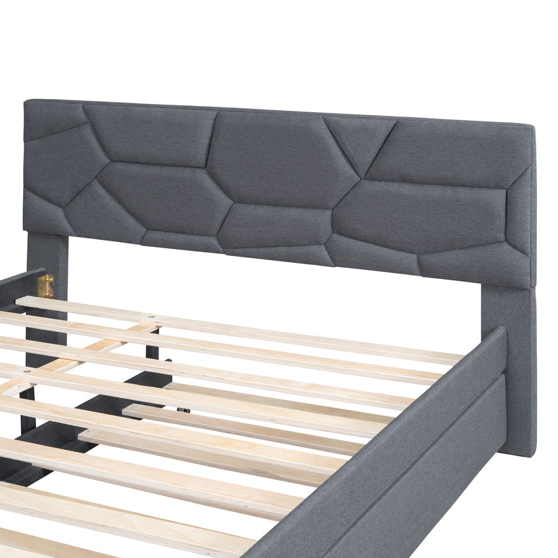 Upholstered Platform Bed With Brick Pattern Headboard And Twin Long Size Trundle