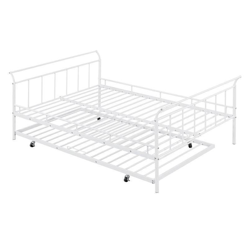 Full Size Metal Daybed With Curved Handle Design And Twin Size Trundle - White