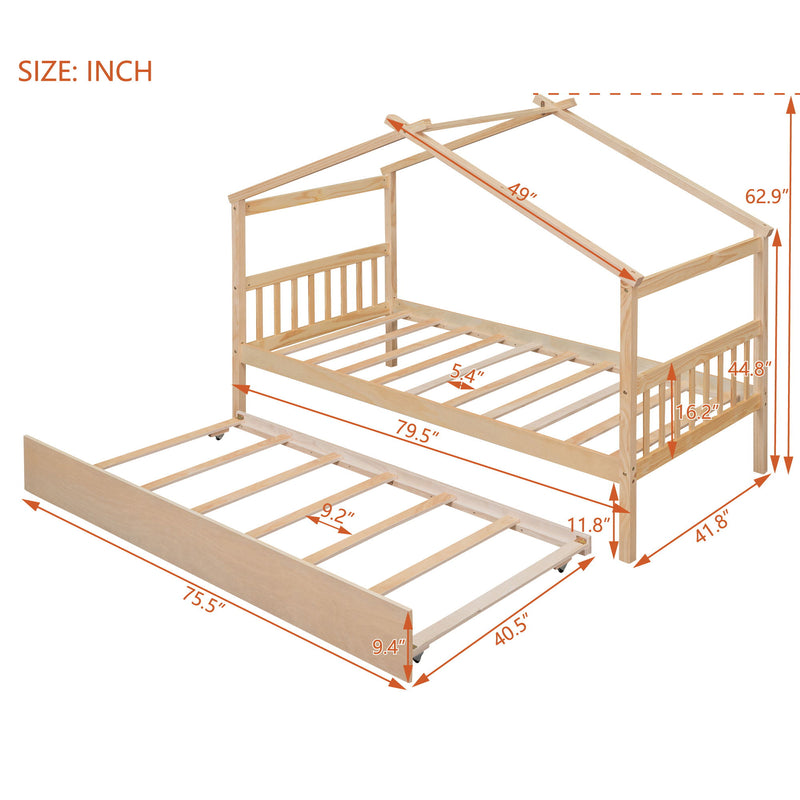 Twin Size Wooden House Bed With Twin Size Trundle - Natural