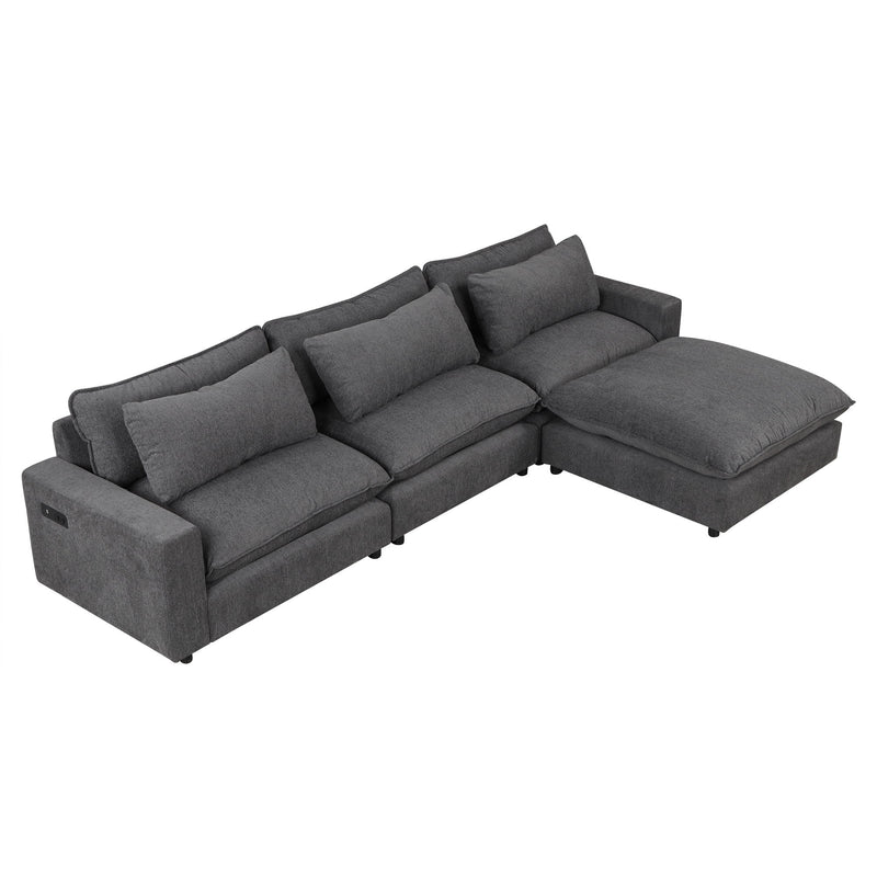 Sectional Sofa Cloud Sofa Chenille Upholstered Sofa Couch With Movable Ottoman, Comfortable Seat Cushions, Charging Ports And Three Back Pillows For Living Room