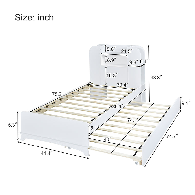 Twin Size Storage Platform Bed Frame with with Trundle and Light Strip Design in Headboard,White