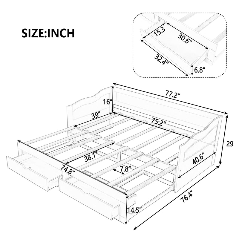 Wooden Daybed with Trundle Bed and Two Storage Drawers , Extendable Bed Daybed,Sofa Bed with Two Drawers, Espresso