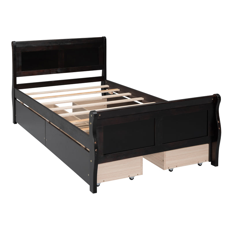 Twin Size Wood Platform Bed with 4 Drawers and Streamlined Headboard & Footboard, Espresso