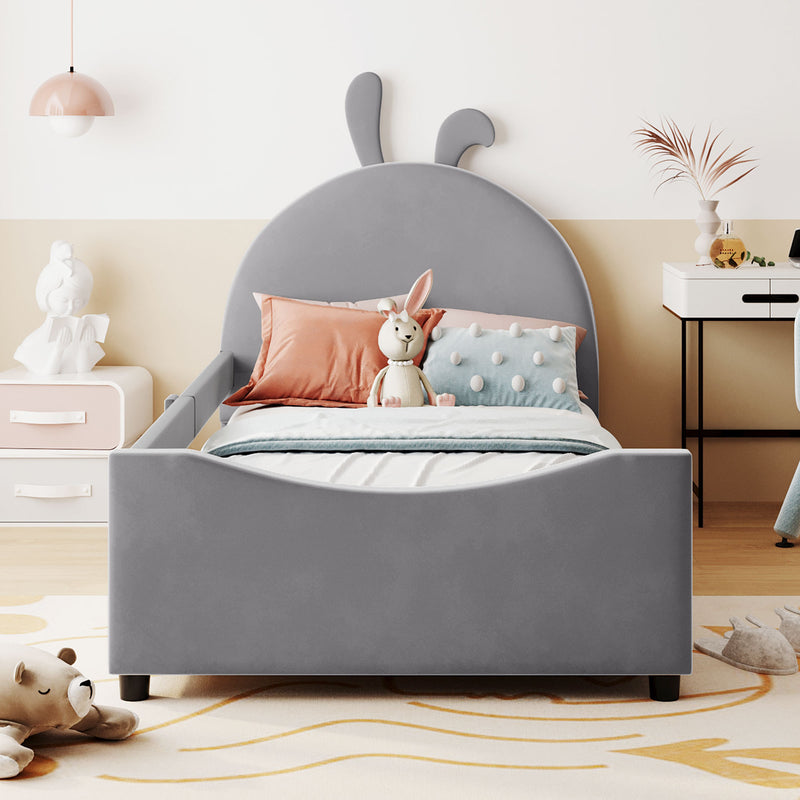 Twin Size Upholstered Daybed with Rabbit Ear Shaped Headboard, Gray