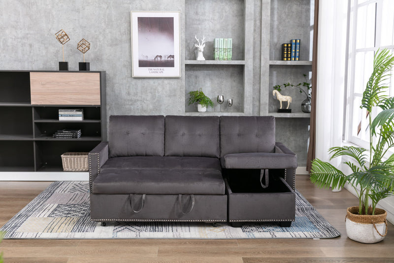 Reversible Sectional Storage Sleeper Sofa Bed, L-Shape 2 Seat Sectional Chaise With Storage, Skin-Feeling Velvet Fabric