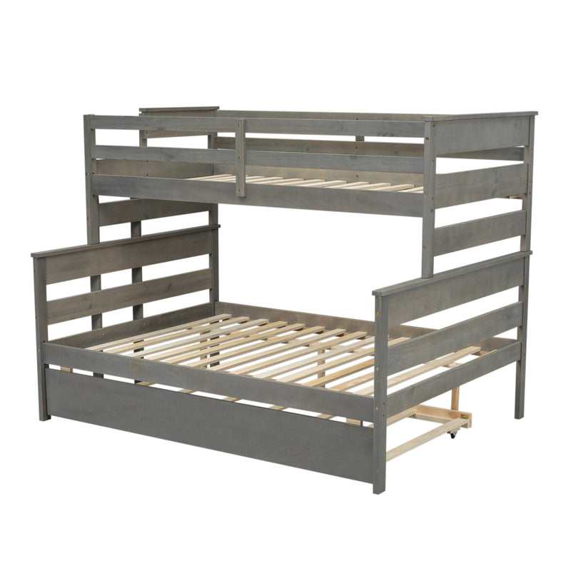 Wood Twin over Full Bunk Bed with Twin Size Trundle, Gray