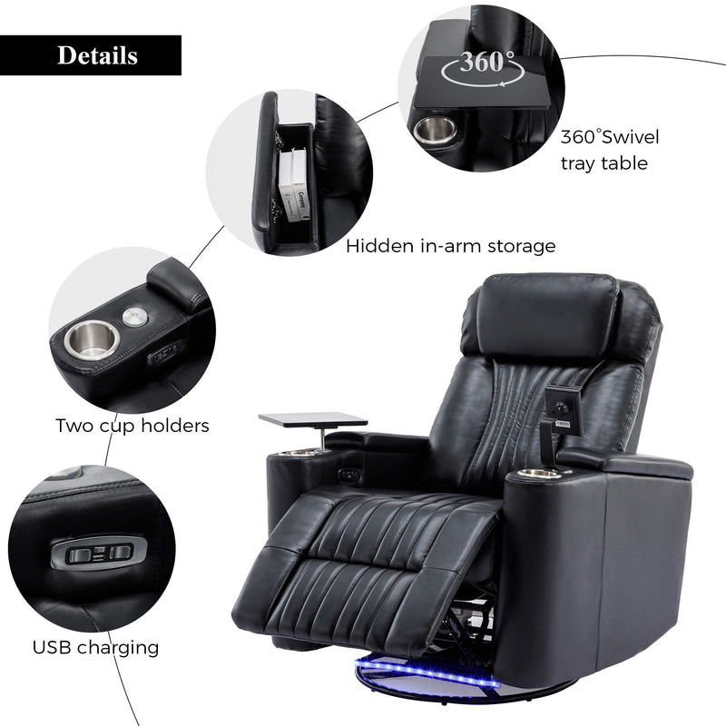 270 Degree Power Swivel Recliner, Home Theater Seating With Hidden Arm Storage And LED Light Strip, Cup Holder, 360 Degree Swivel Tray Table, And Cell Phone Holder, Soft Living Room Chair