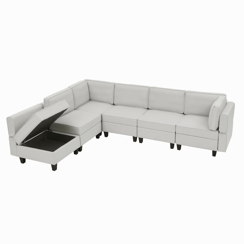 Linen Modular Sectional Sofa, U Shaped Couch With Adjustable Armrests And Backrests, 6 Seat Reversible Sofa Bed With Storage Seats For Living Room - Gray White