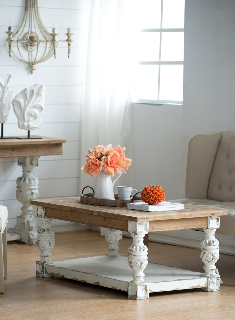 Rectangle Coffee Wooden Coffee Table, French Country Coffee Table - Brown / Antique White