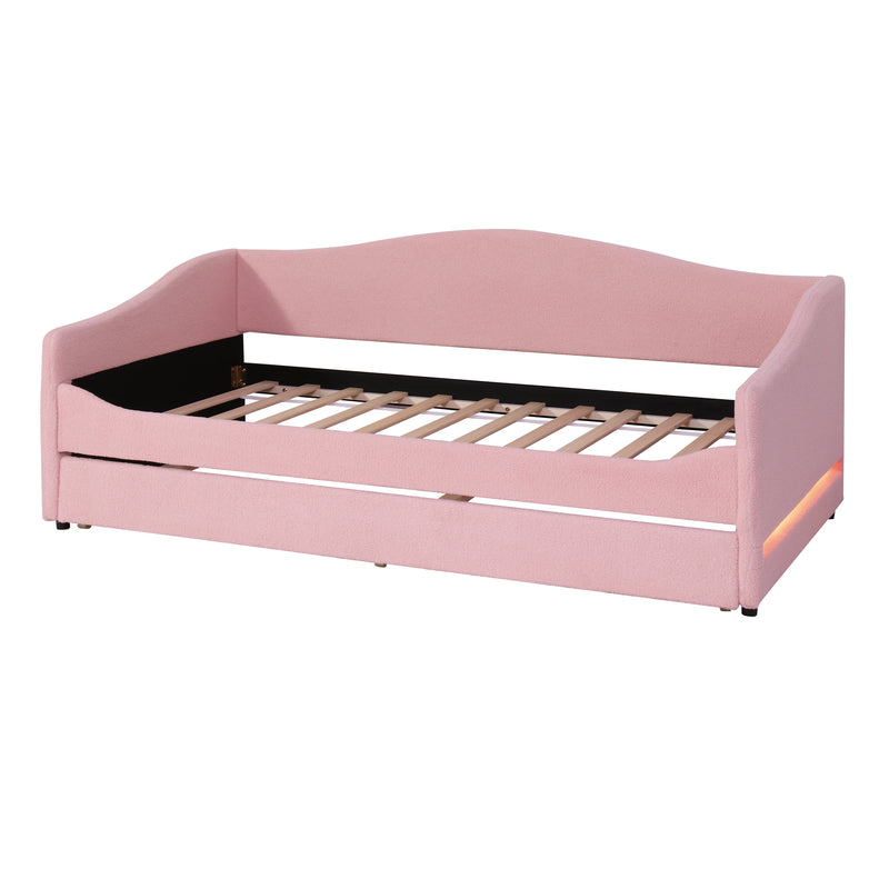 Teddy Fleece Twin Size Upholstered Daybed with Light and Trundle, Pink