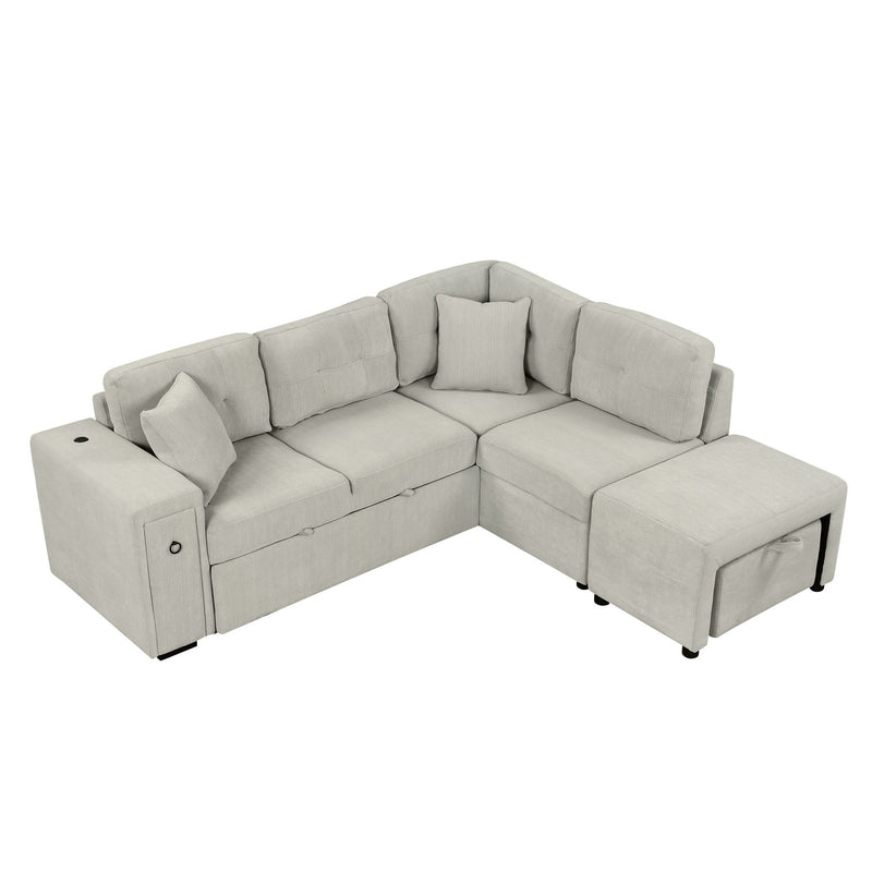 Sectional Sofa L-Shaped Sofa Couch Pull-Out Sofa Bed With A Movable Ottoman, Two USB Ports And Two Cup Holders For Living Room