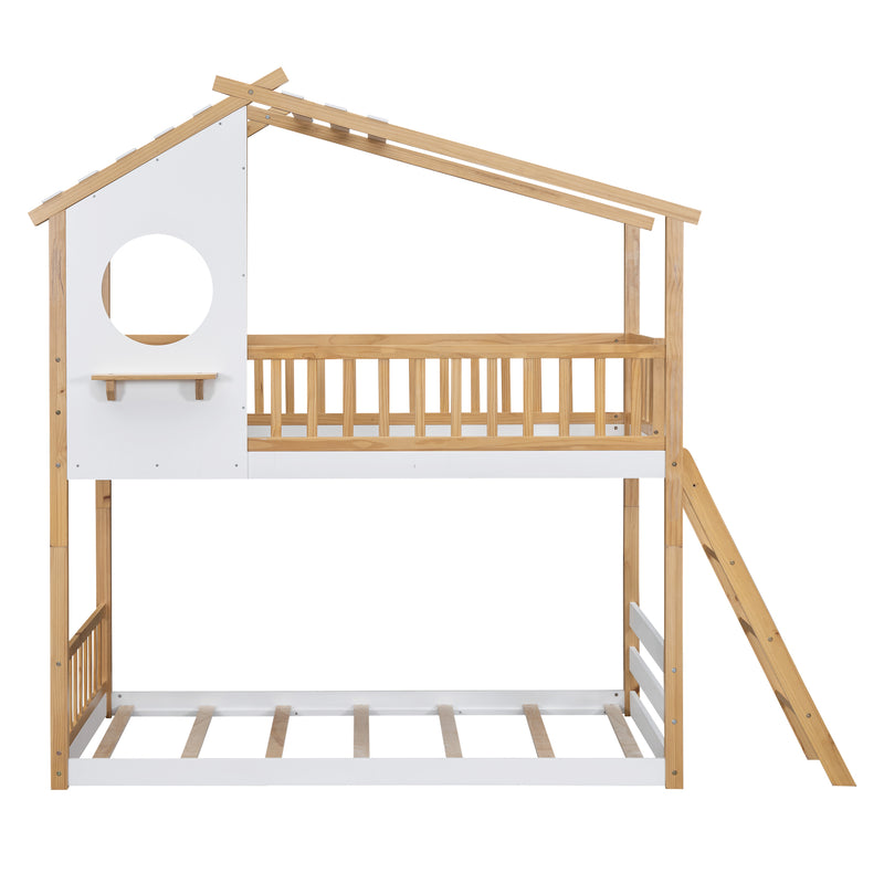 Twin Over Twin Bunk Bed Wood Bed with Roof, Window, Ladder,Natural(OLD SKU :LT100008AAD)