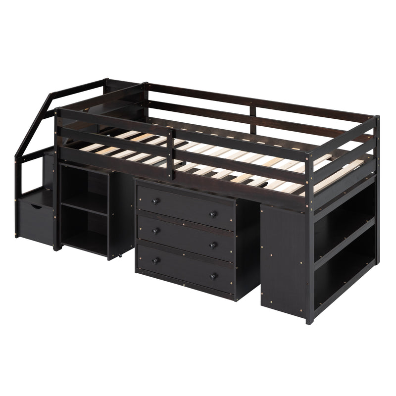 Twin Size Loft Bed with Retractable Writing Desk and 3 Drawers, Wooden Loft Bed with Storage Stairs and Shelves, Espresso