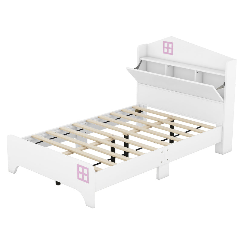 Wooden Twin Size House Bed with Storage Headboard ,Kids Bed with Storage Shelf, White