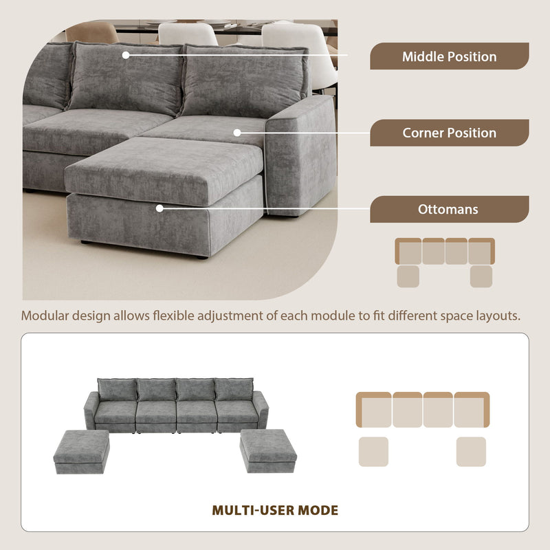 Chenille Modular Sectional Sofa, U Shaped Reversible Couch, Free Combination, 6 Seat Sleeper Sofa Bed With Ottoman, Convertible Oversized Indoor Furniture For Living Room - Gray