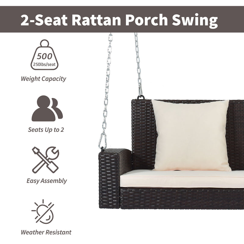 2 Person Wicker Hanging Porch Swing With Chains, Cushion, Pillow, Rattan Swing Bench For Garden, Backyard