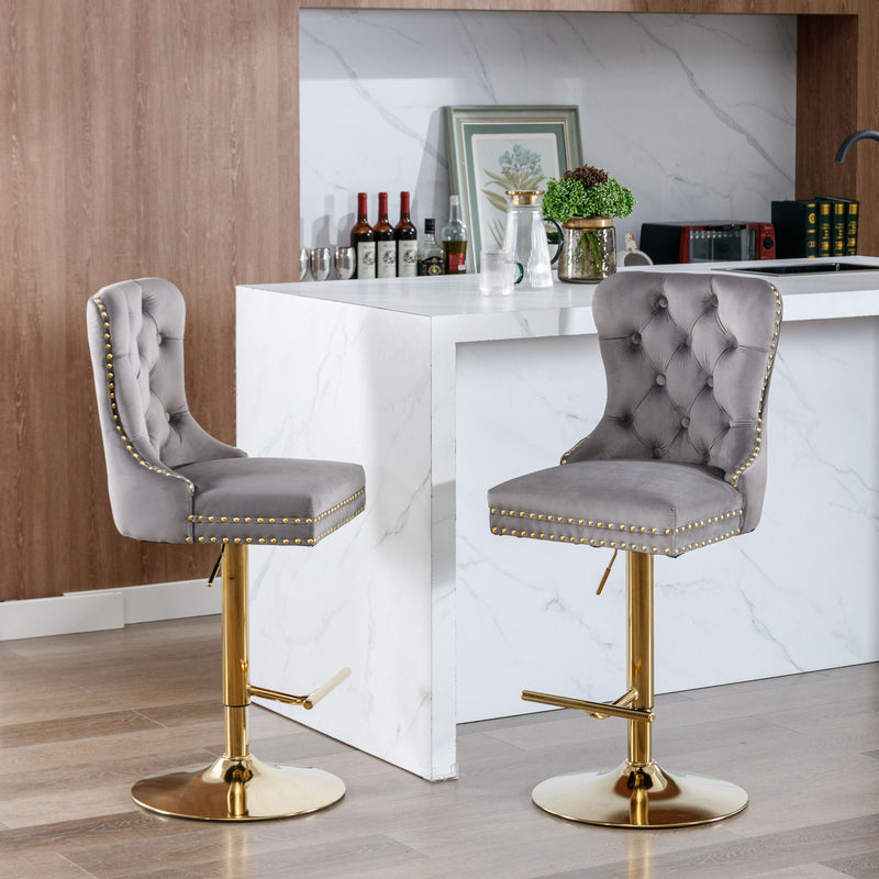 Thick Golden Swivel Velvet Barstools Adjusatble Seat Height From 25-33", Modern Upholstered Bar Stools With Backs Comfortable Tufted For Home Pub And Kitchen Island (Set of 2)