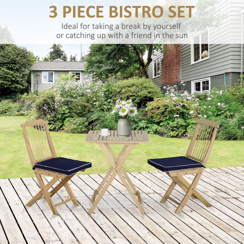 3 Pieces Patio Folding Bistro Set, Outdoor Pine Wood Table and Chairs Set with Tie-on Cushion & Square Coffee Table, Great for Indoor, Poolside, Garden, Dark Blue