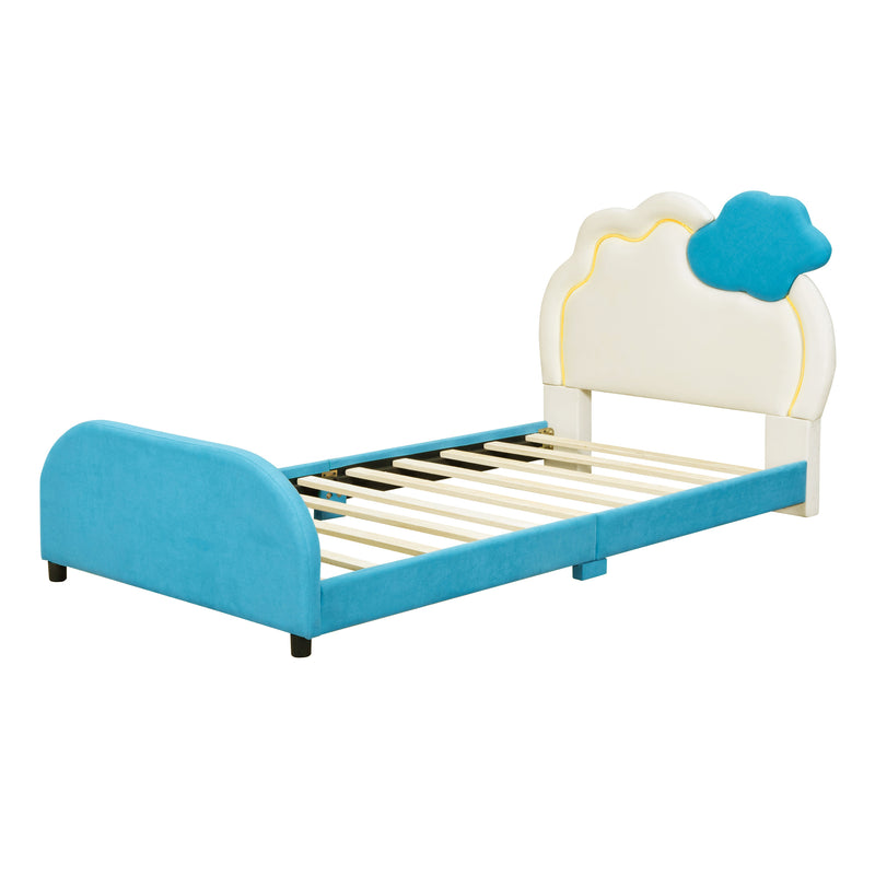 Twin Size Upholstered Platform Bed with Cloud-Shaped Headboard and Embedded Light Stripe, Velvet, Blue