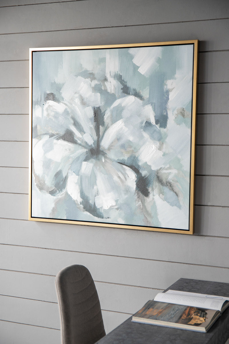 Large Modern Flower Oil Painting, Square Gold Frame Wall Art - Blue / Gray