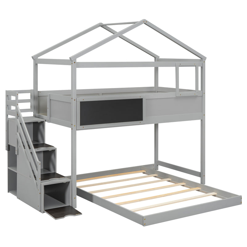 Twin over Full House Bunk Bed with Storage Staircase and Blackboard,Gray(Old SKU: GX001701AAE)